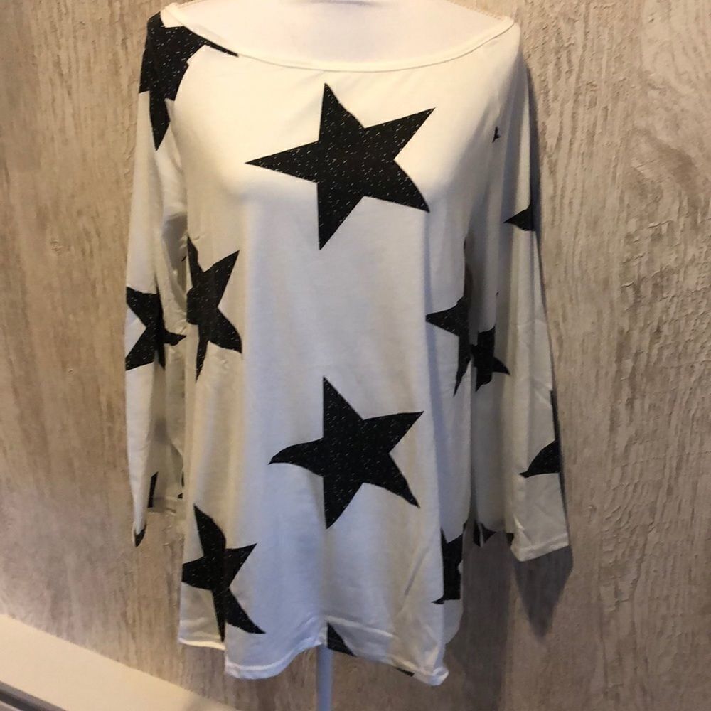 White Long-sleeve Top with Black Stars